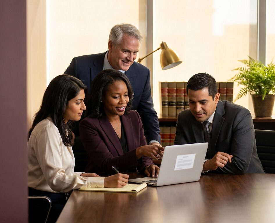 Four lawyers in business attire gather around a laptop at a conference table in a warmly lit law office lined with law books. A woman in a plum blazer points to the screen as a colleague takes notes on a legal pad and two men lean in, smiling.